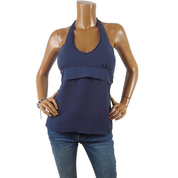 Old Navy Tops - OLD NAVY M Halter Top NWT Beads Lined Chiffon V-Neck Ties In Back Navy Blue